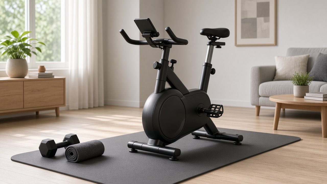 Support tablette et tapis sous un vélo d'appartement