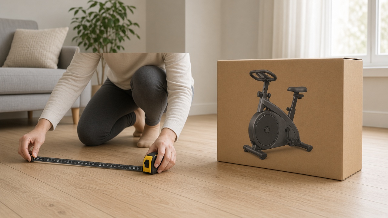 Personne vérifiant les dimensions d'un vélo d'appartement