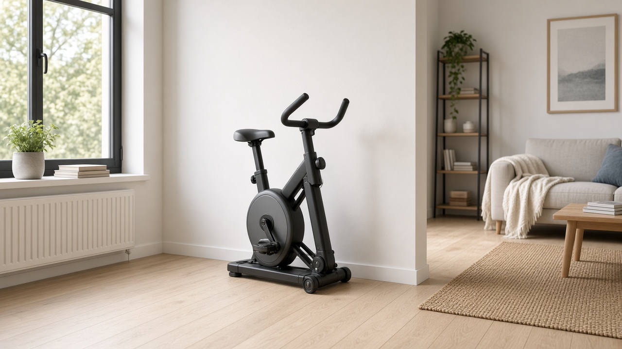 Vélo d'appartement plié contre un mur dans un studio