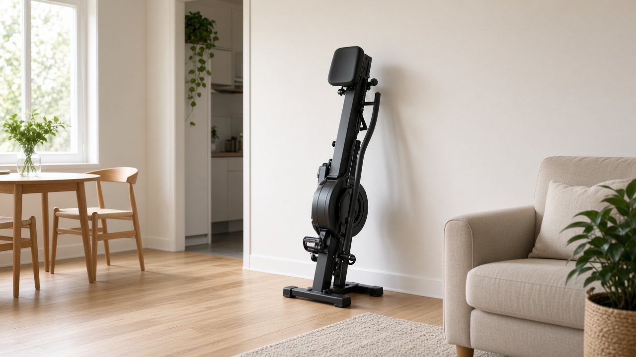 Rameur pliable rangé verticalement dans un appartement