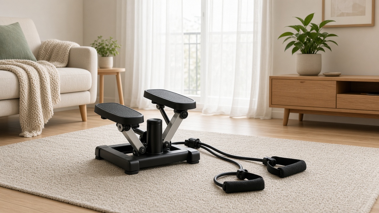 Mini stepper compact avec élastiques dans un petit salon