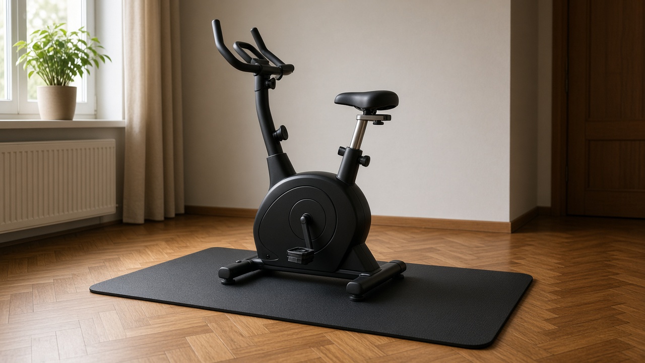 Vélo d'appartement avec tapis anti-vibration sur parquet