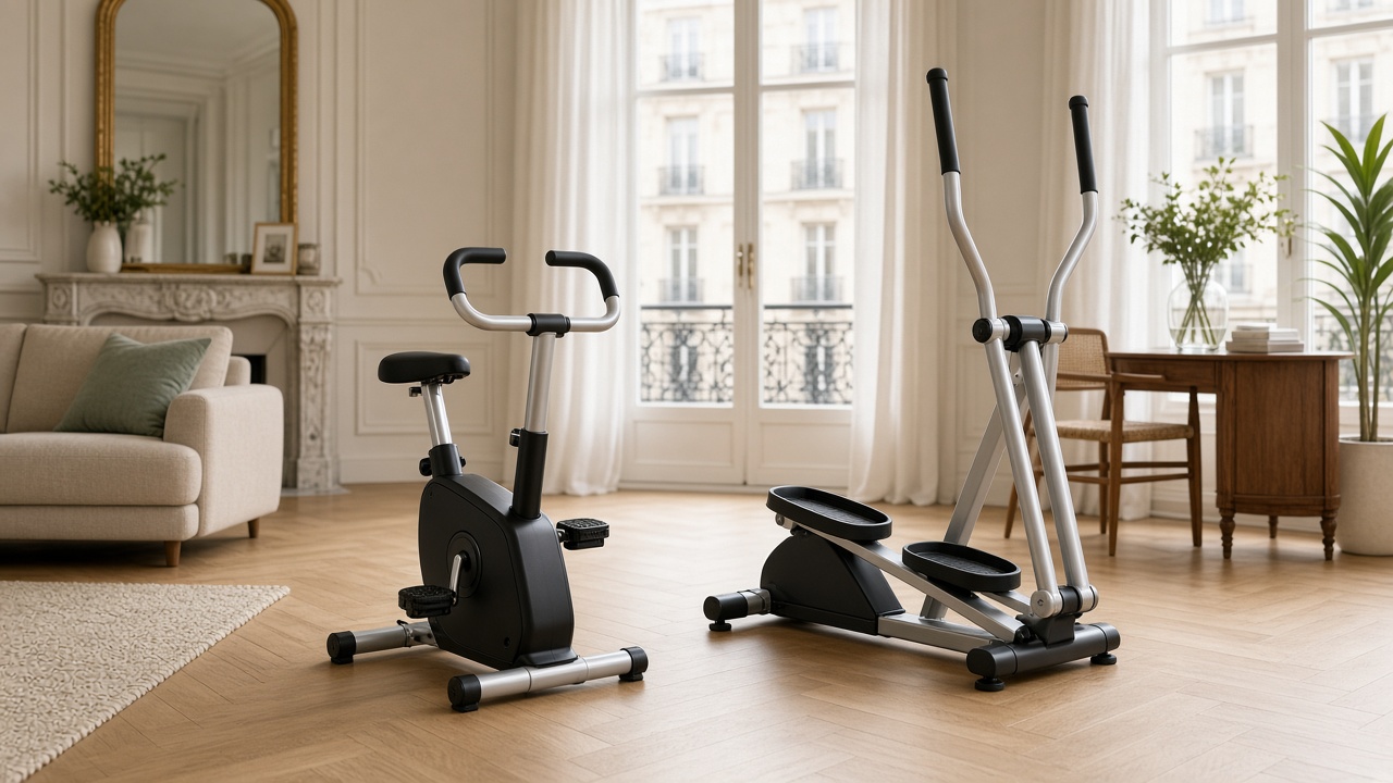 Vélo d'appartement pliable et elliptique compact dans un salon